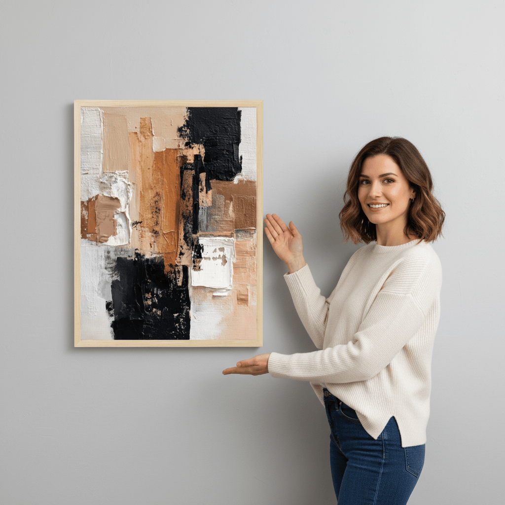 Woman standing next to a framed abstract art piece on a gray wall