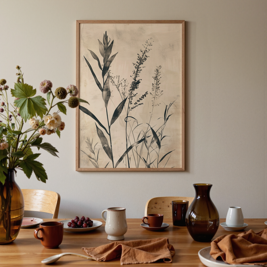 Dining room with a framed botanical print on the wall, table setting, and decorative elements.