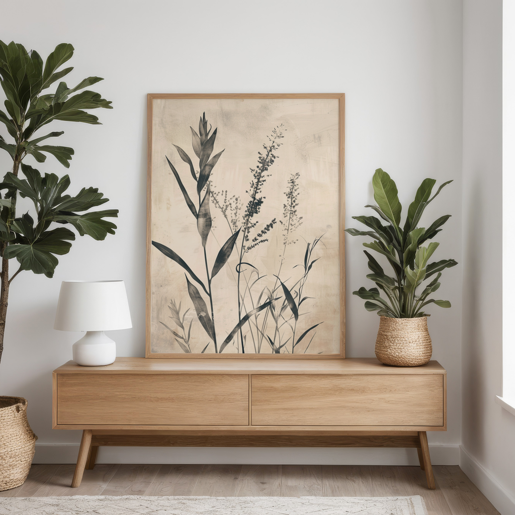 Wooden console table with decorative plants and a framed botanical print in a room.