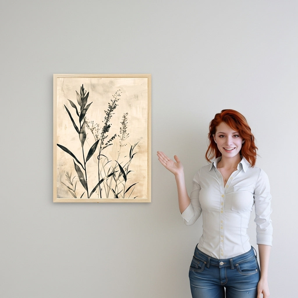 Woman standing next to a framed botanical print on a wall