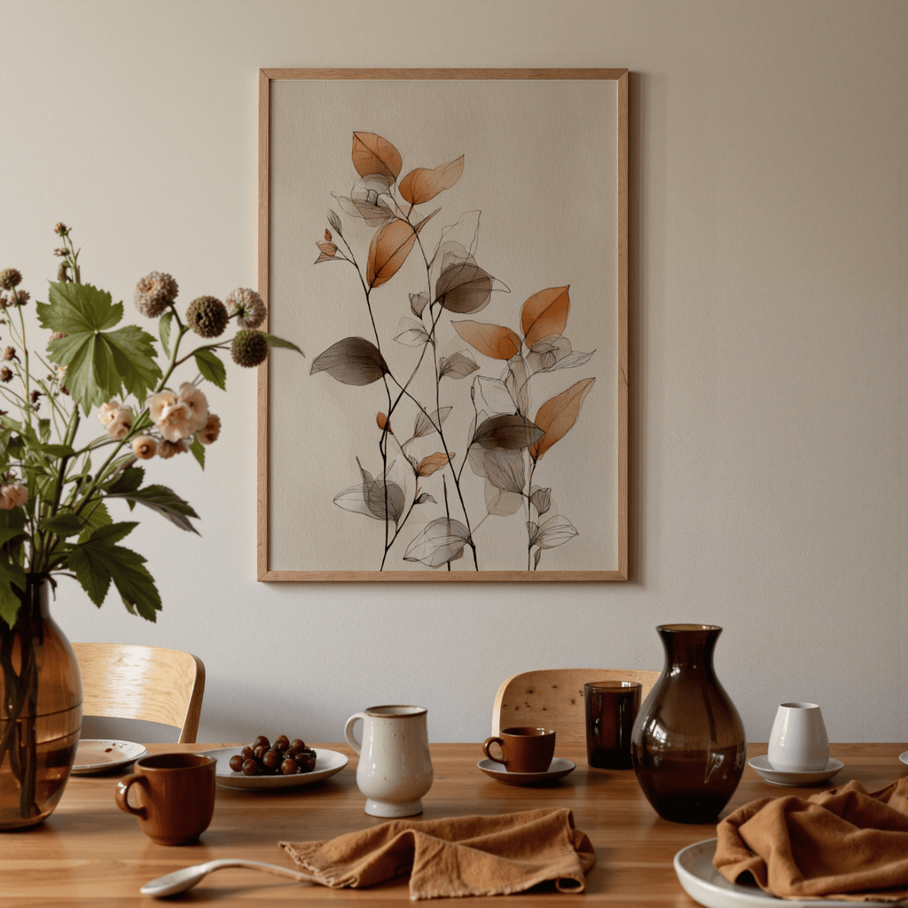 Dining room with a table set for a meal, flowers, and framed artwork on the wall.