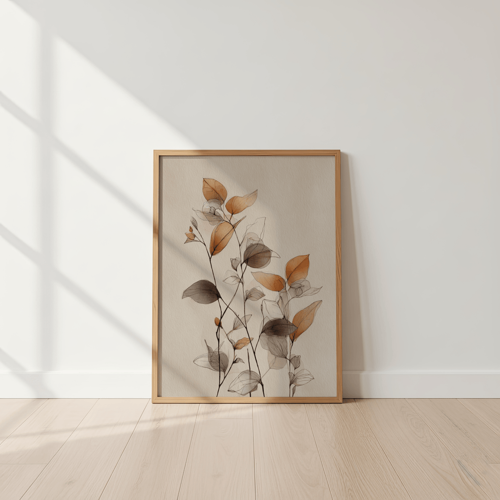 Framed botanical art print on a white wall with wooden floor
