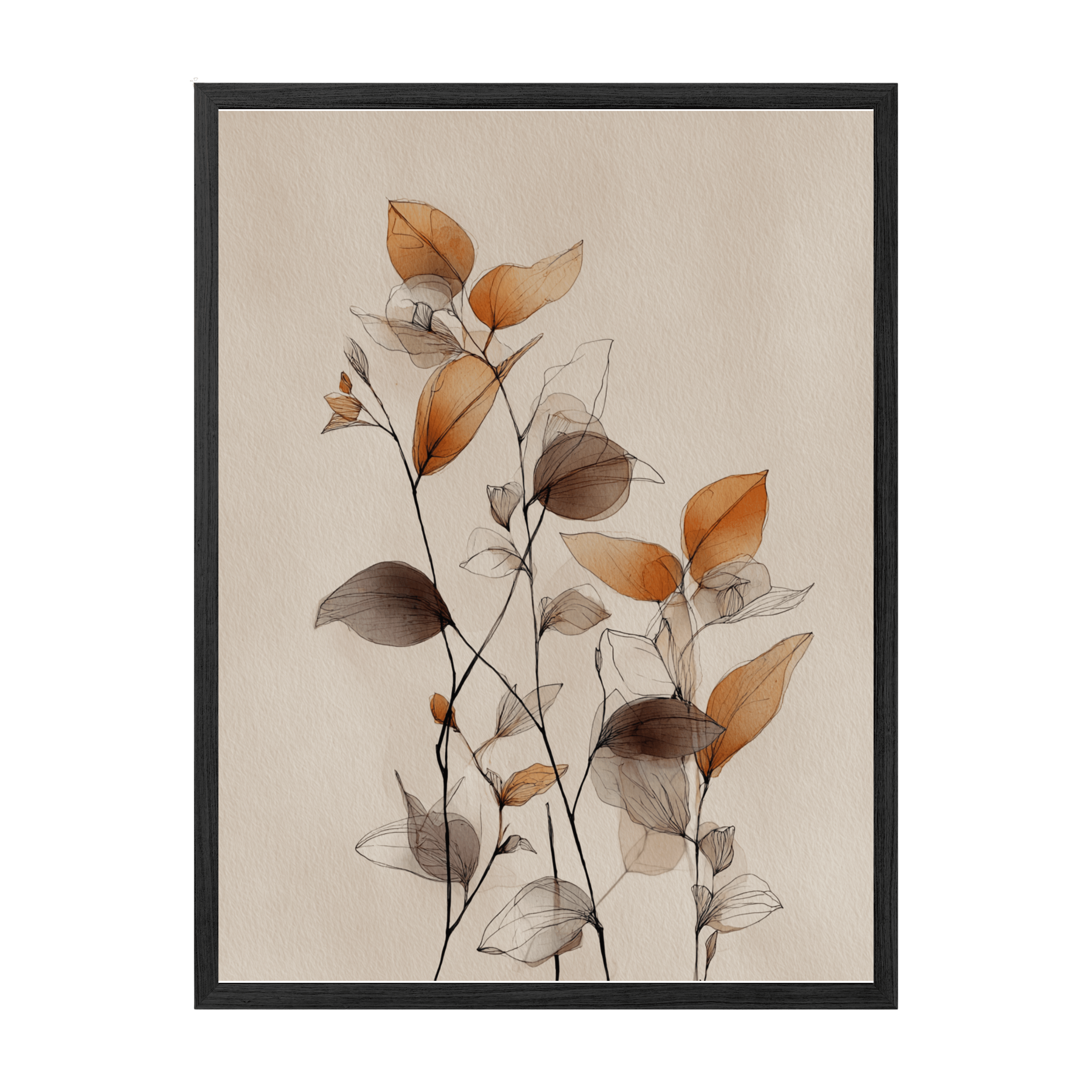 Framed artwork of stylized leaves on a beige background