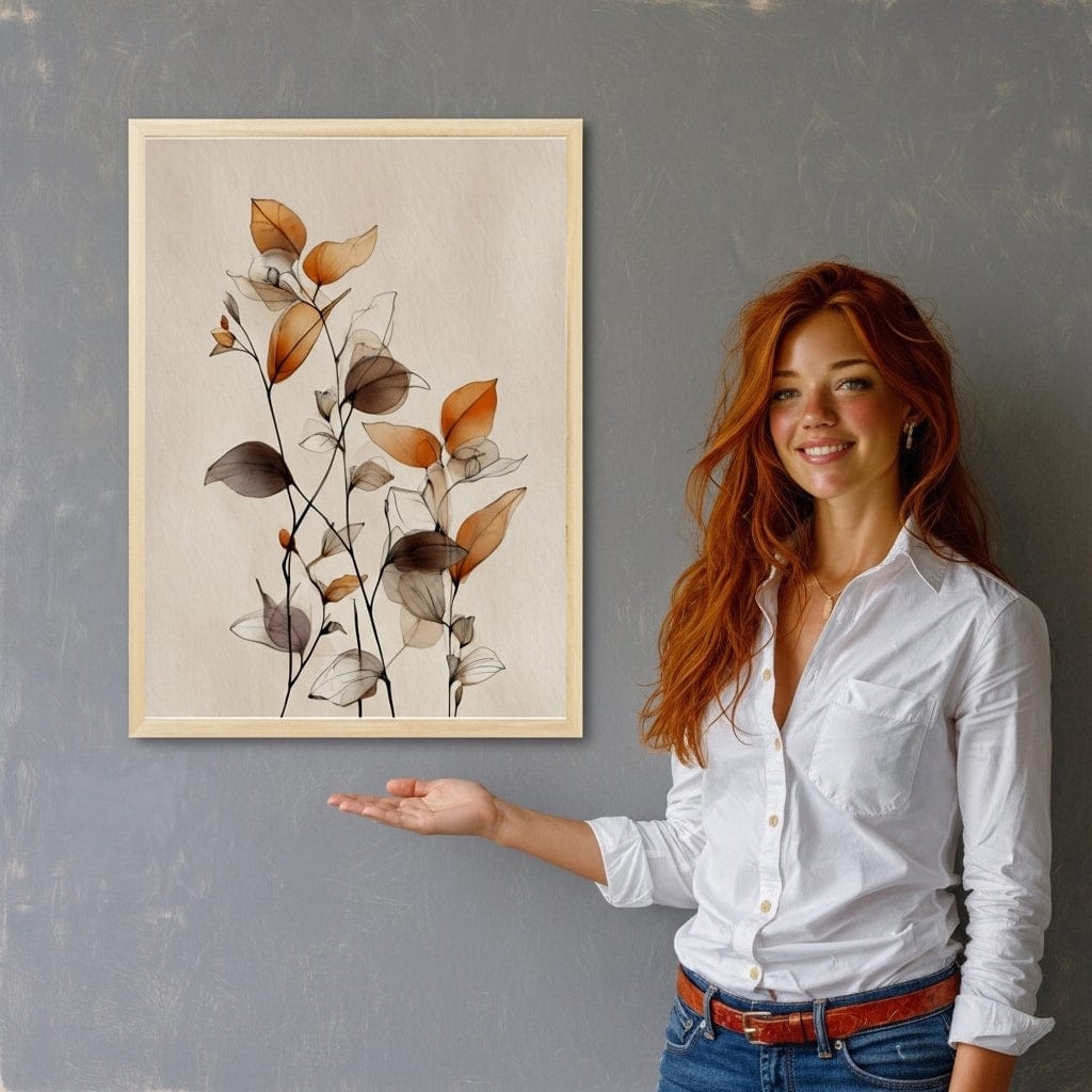 Woman standing next to a framed botanical art print on a gray wall