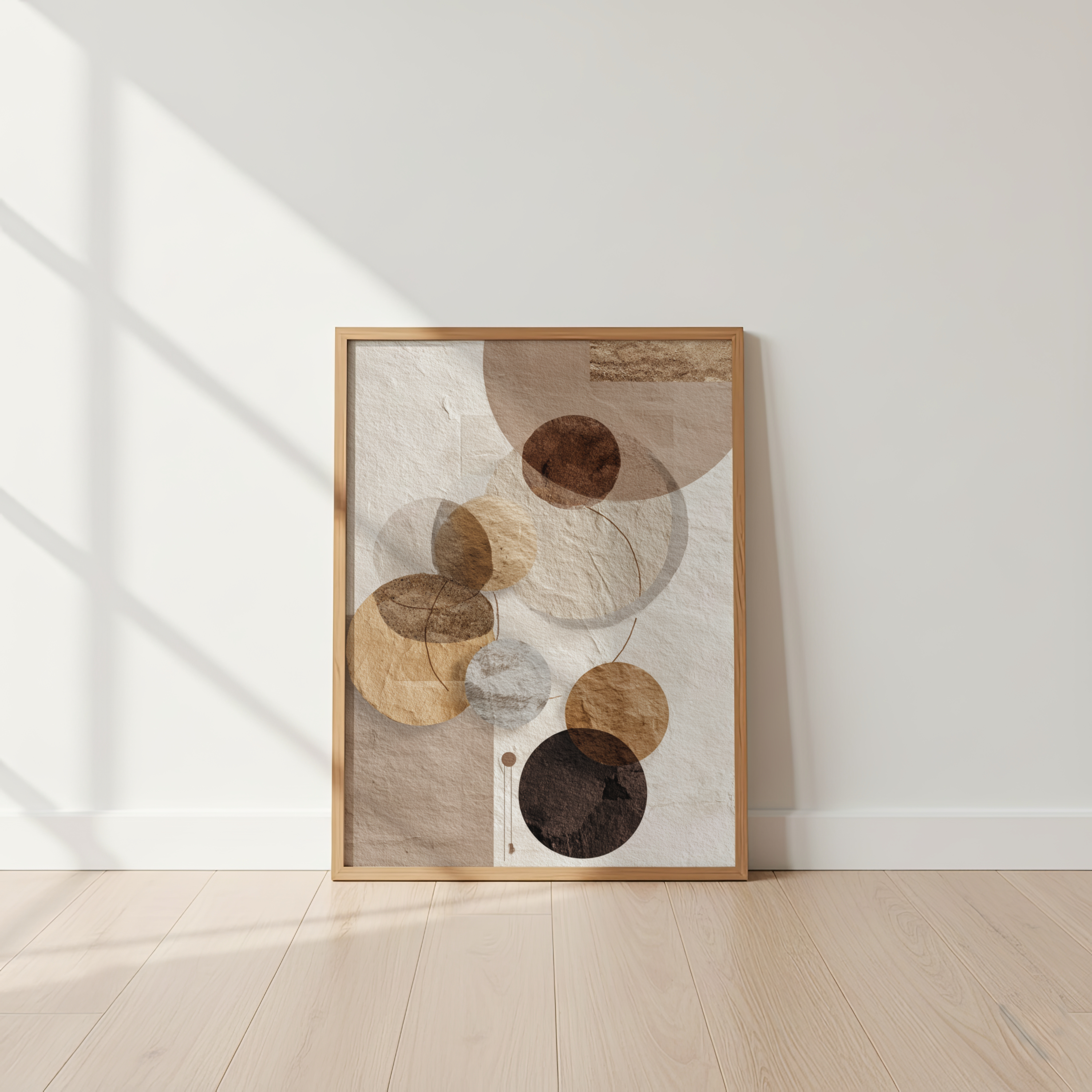 Framed abstract art piece on a white wall with wooden floor