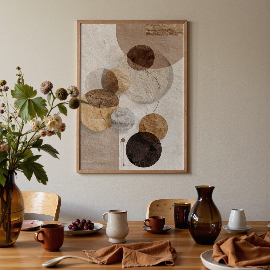 Dining room with a table set for a meal, framed abstract art on the wall, and a vase with flowers.