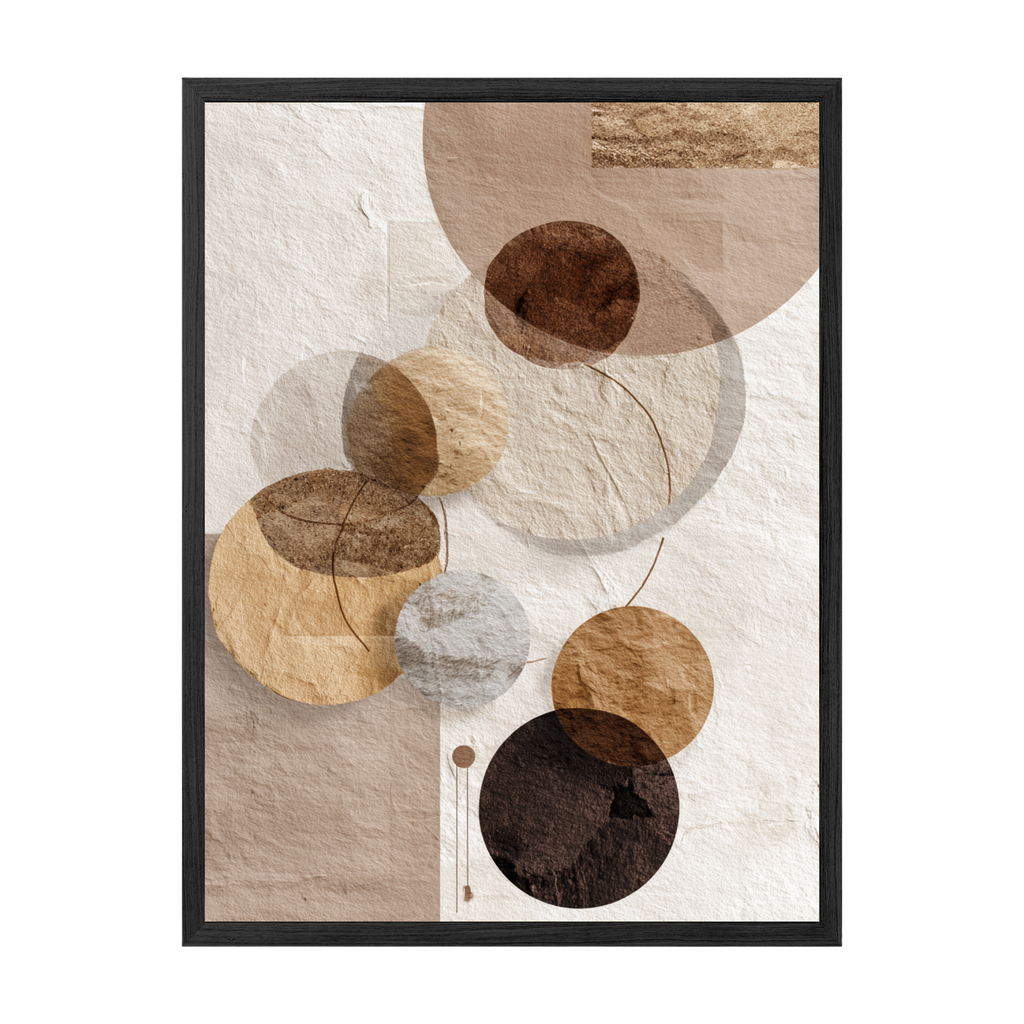 Framed abstract art print with circular shapes in earthy tones on a light background