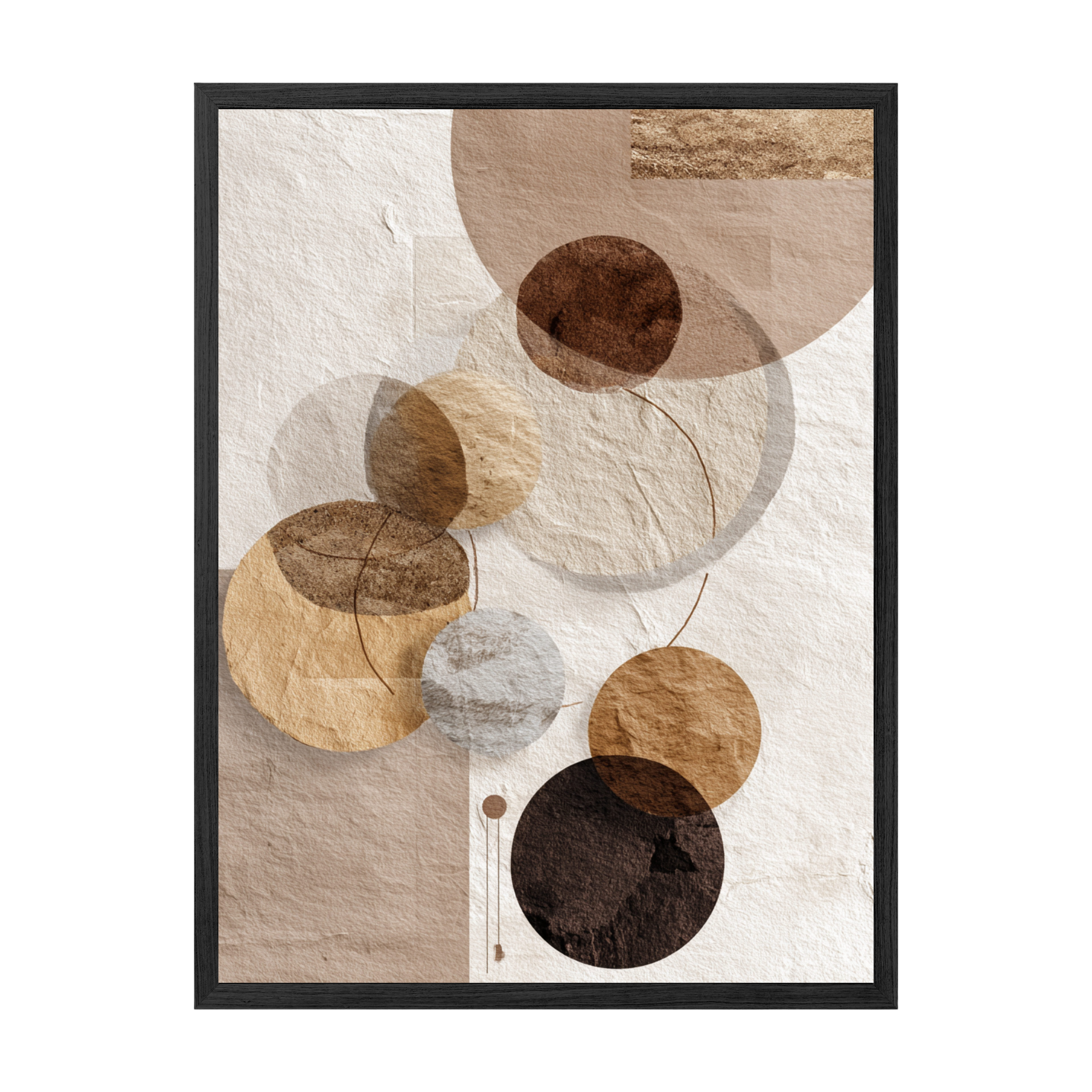 Framed abstract art print with circular shapes in earthy tones on a light background