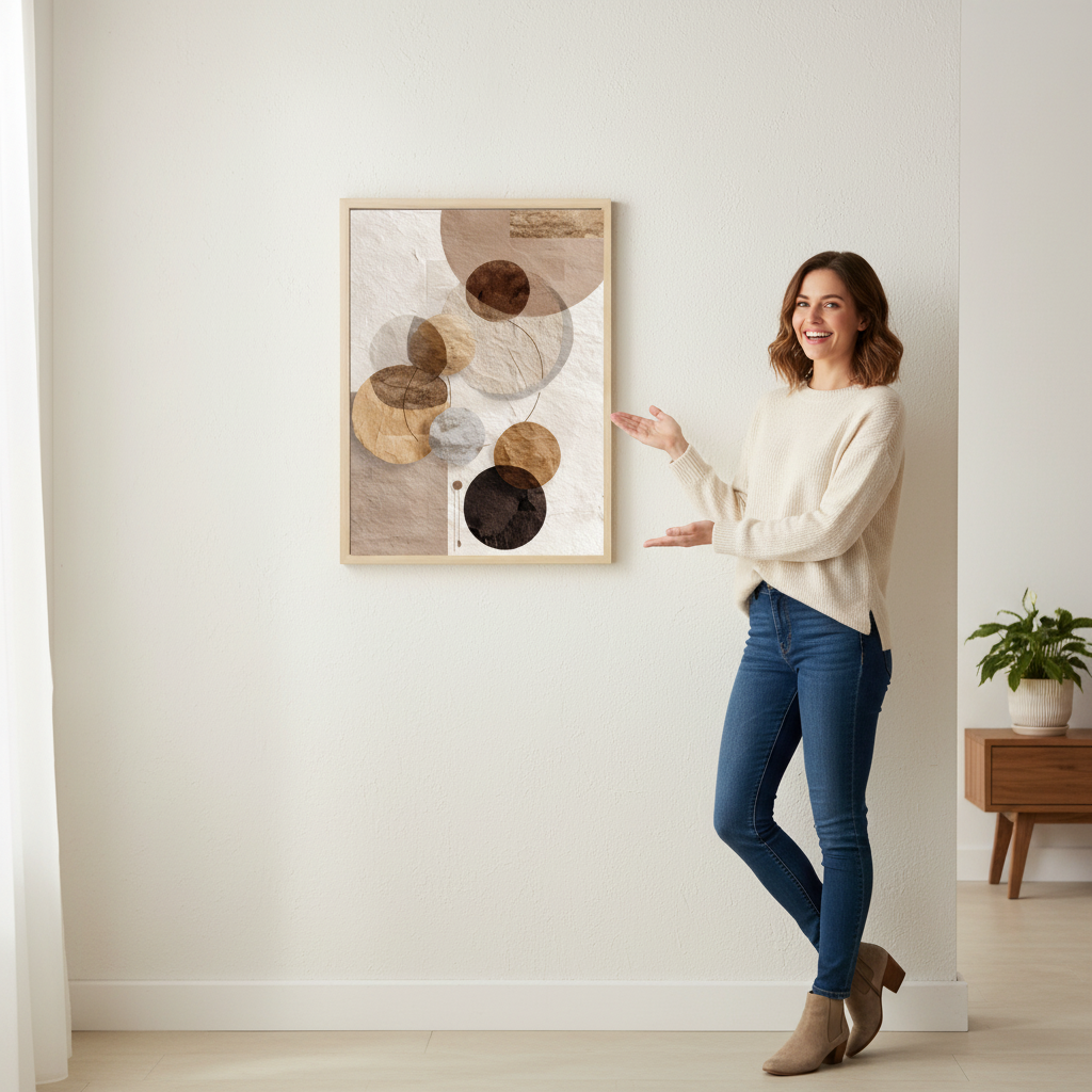 Woman standing next to a wall art piece in a room with a plant and wooden side table.