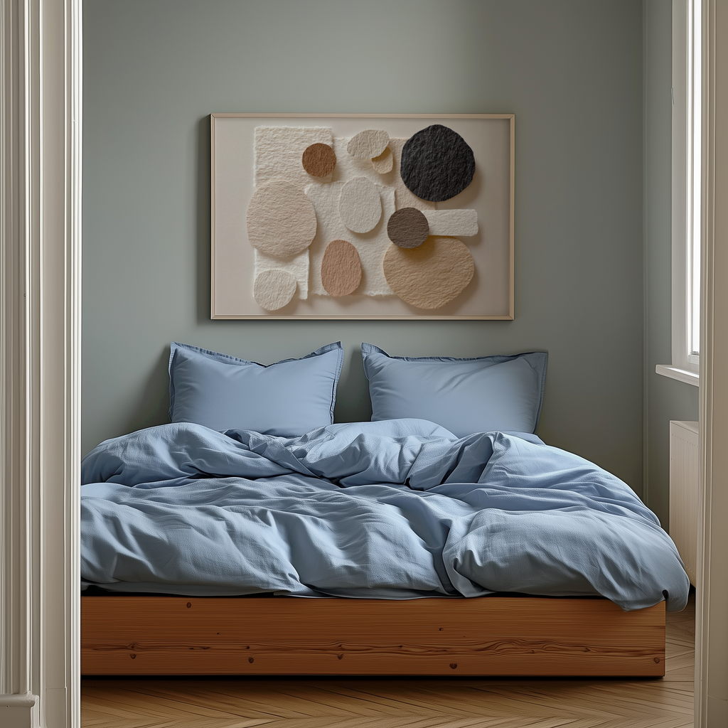 Bedroom with light blue bedding and abstract wall art on a gray wall.