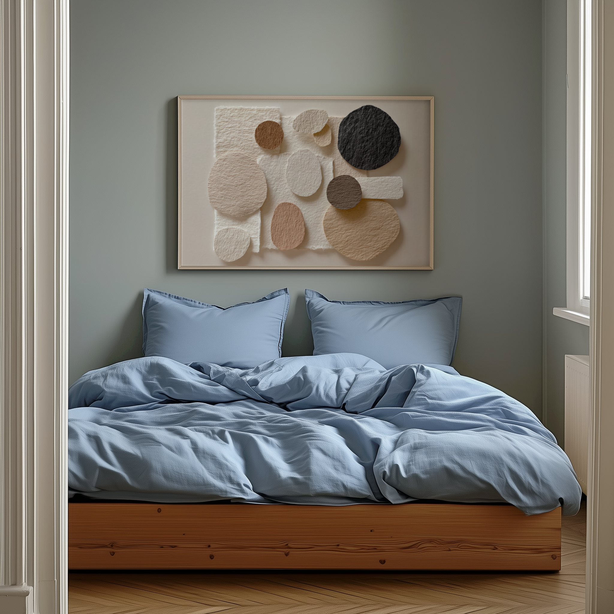 Bedroom with light blue bedding and abstract wall art on a gray wall.
