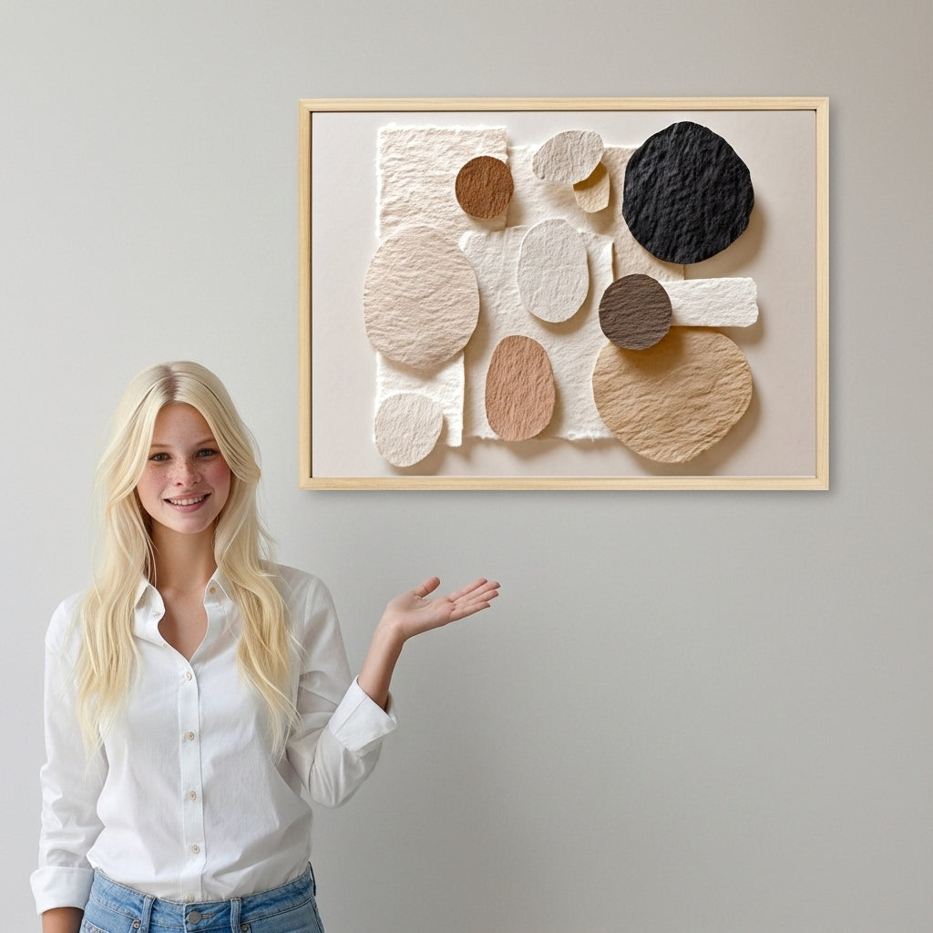 Woman standing next to a wall art piece with textured circular shapes in a wooden frame.