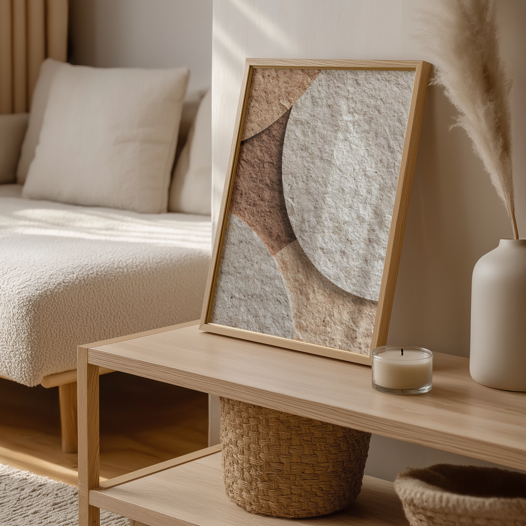 Framed abstract art on a wooden coffee table with a candle and decorative items in a living room setting.