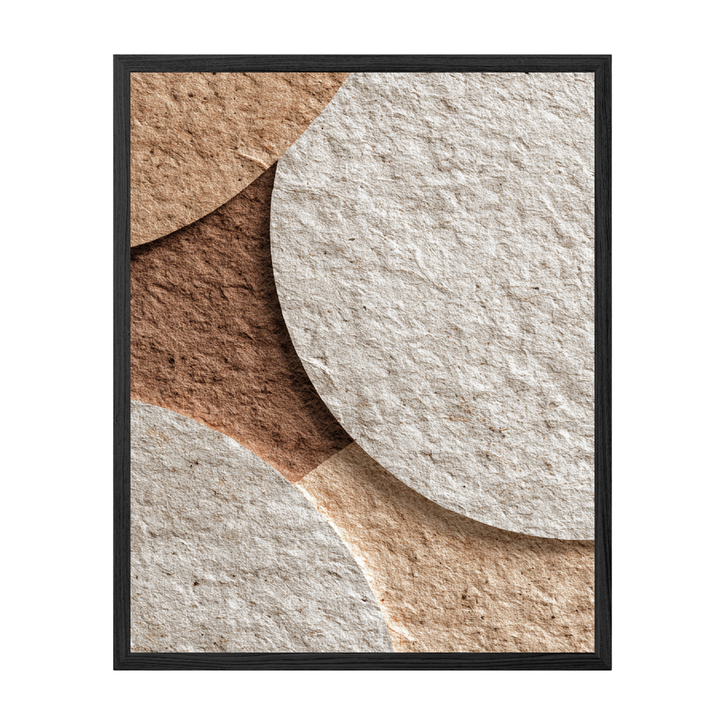 Framed abstract art with circular shapes in earthy tones on a white background