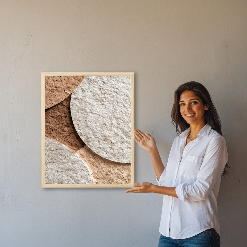 Woman standing next to a framed abstract art piece on a wall