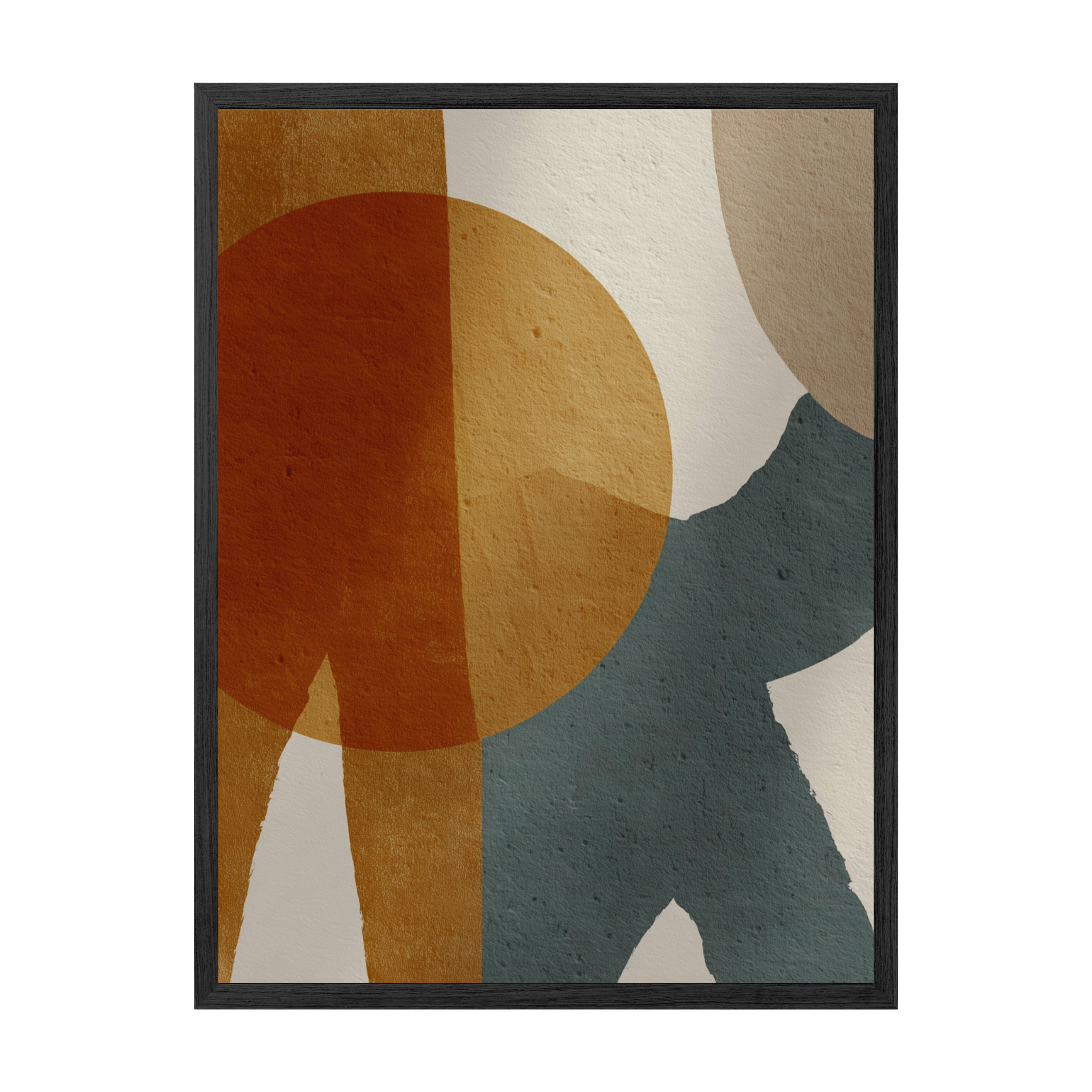Abstract art print with geometric shapes in brown, beige, and blue on a white background