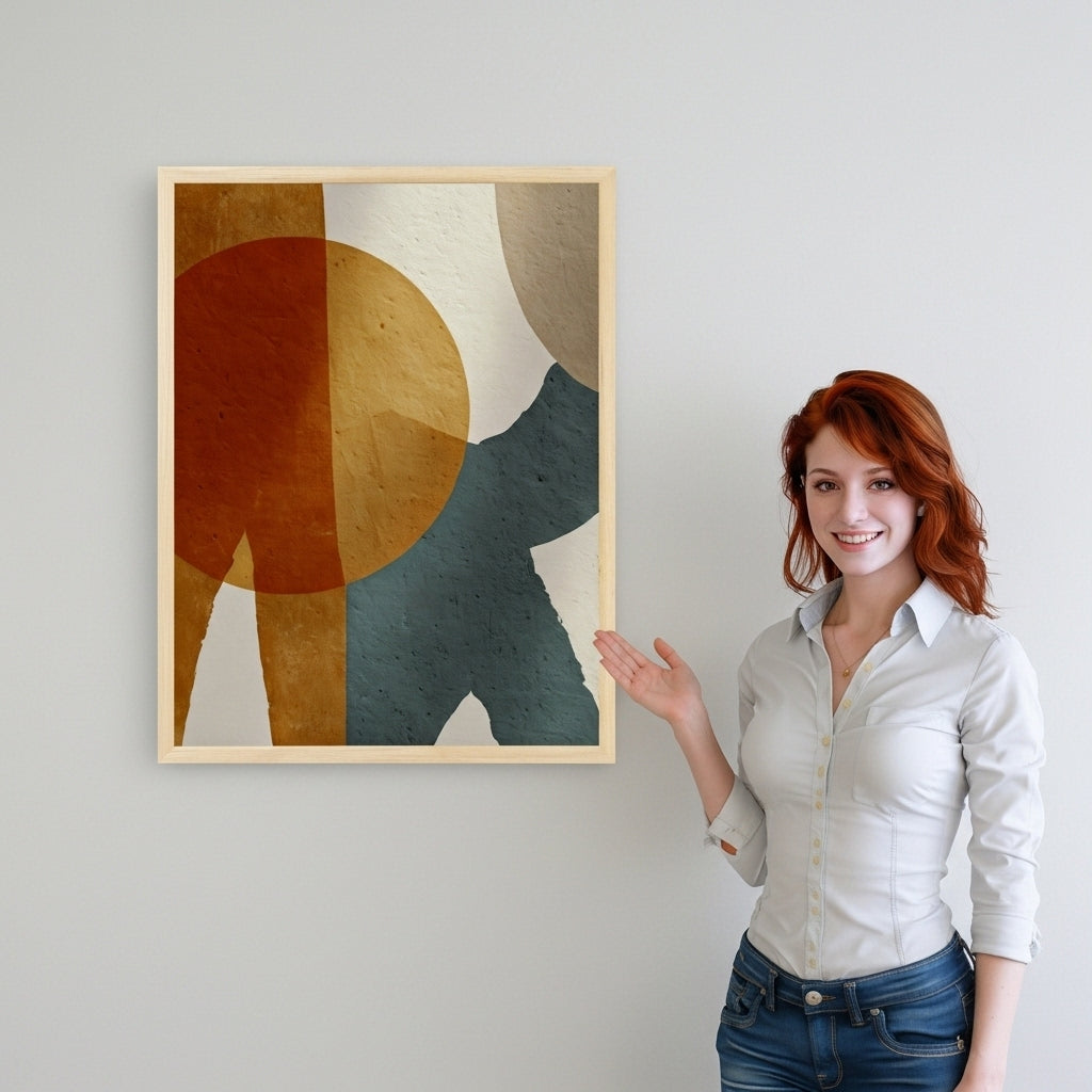 Woman standing next to a framed abstract art piece on a wall