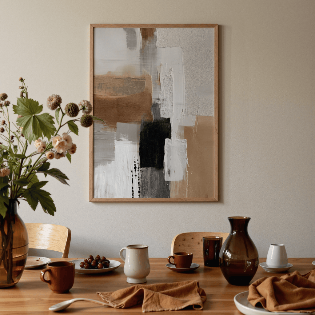 Dining room with a table set for a meal, abstract art on the wall, and decorative elements.