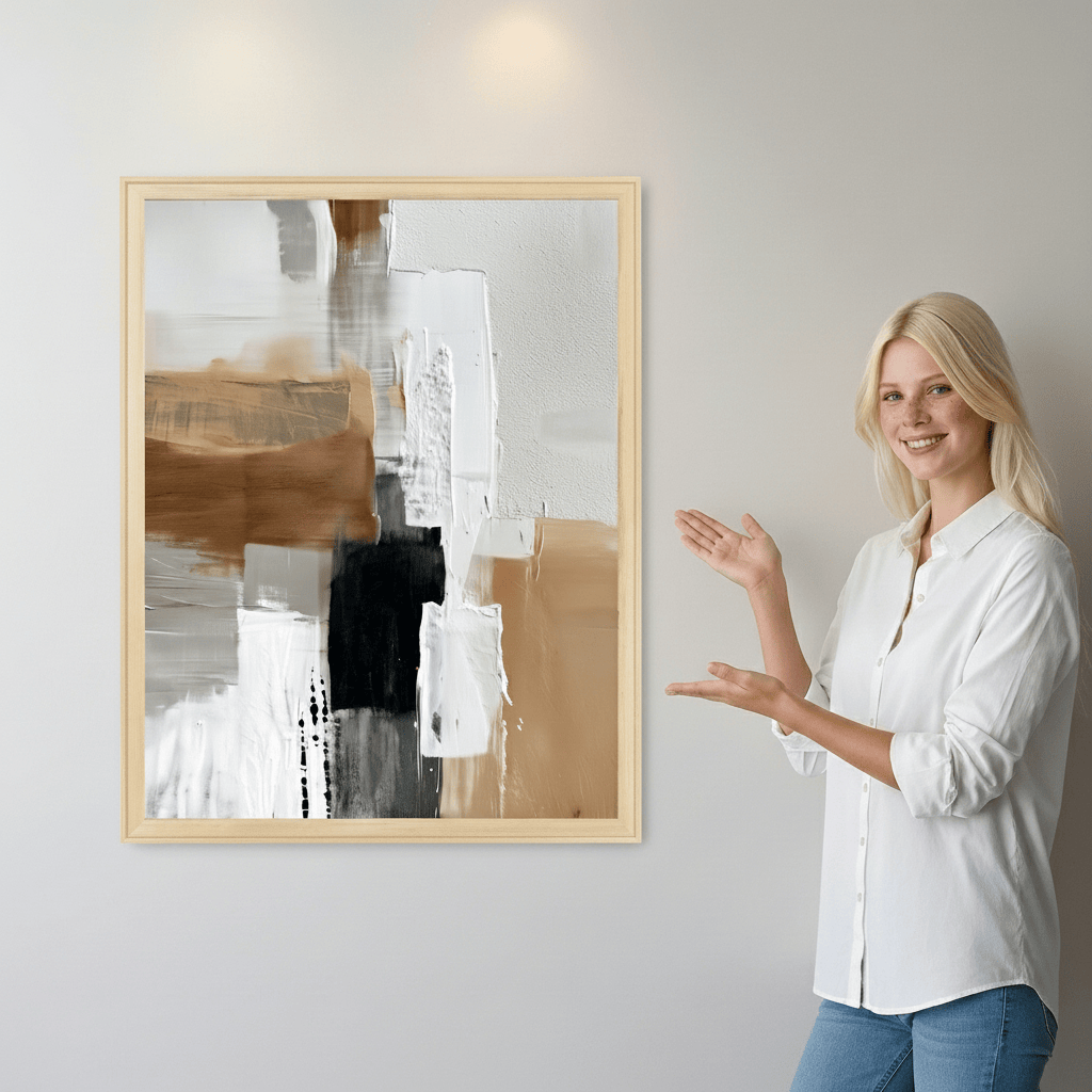 Woman standing next to a large abstract painting on a wall
