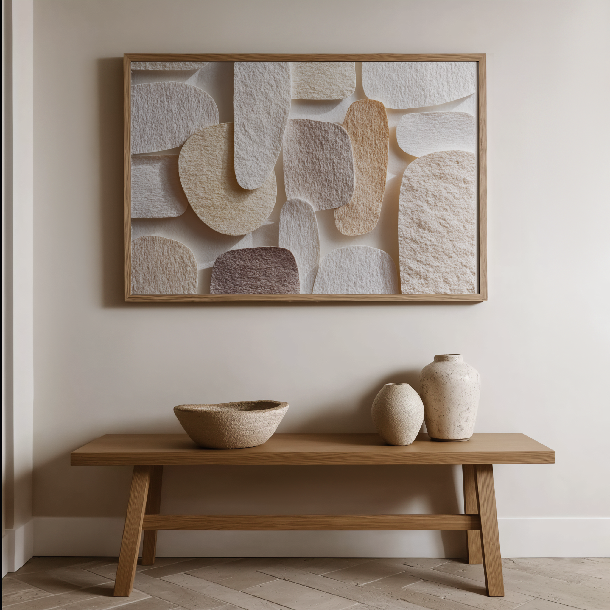 Abstract wall art above a wooden bench with decorative vases in a minimalistic room.