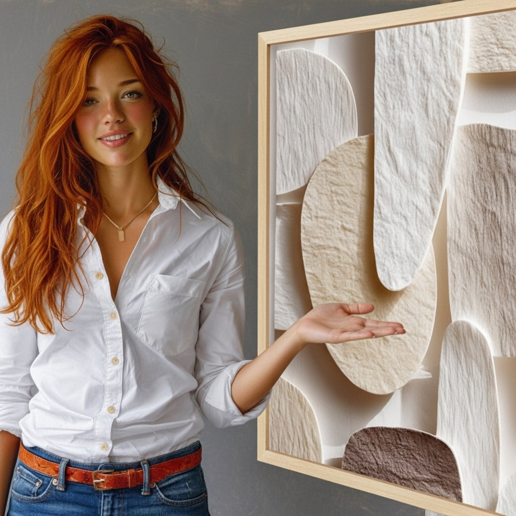 Woman standing next to a framed abstract artwork with her hand on it