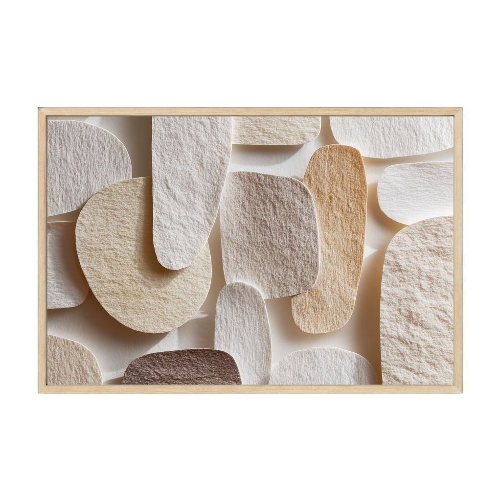 Scandi abstract art print with soft rounded shapes and warm neutral hues, cozy minimalist artwork that creates a comforting atmosphere.