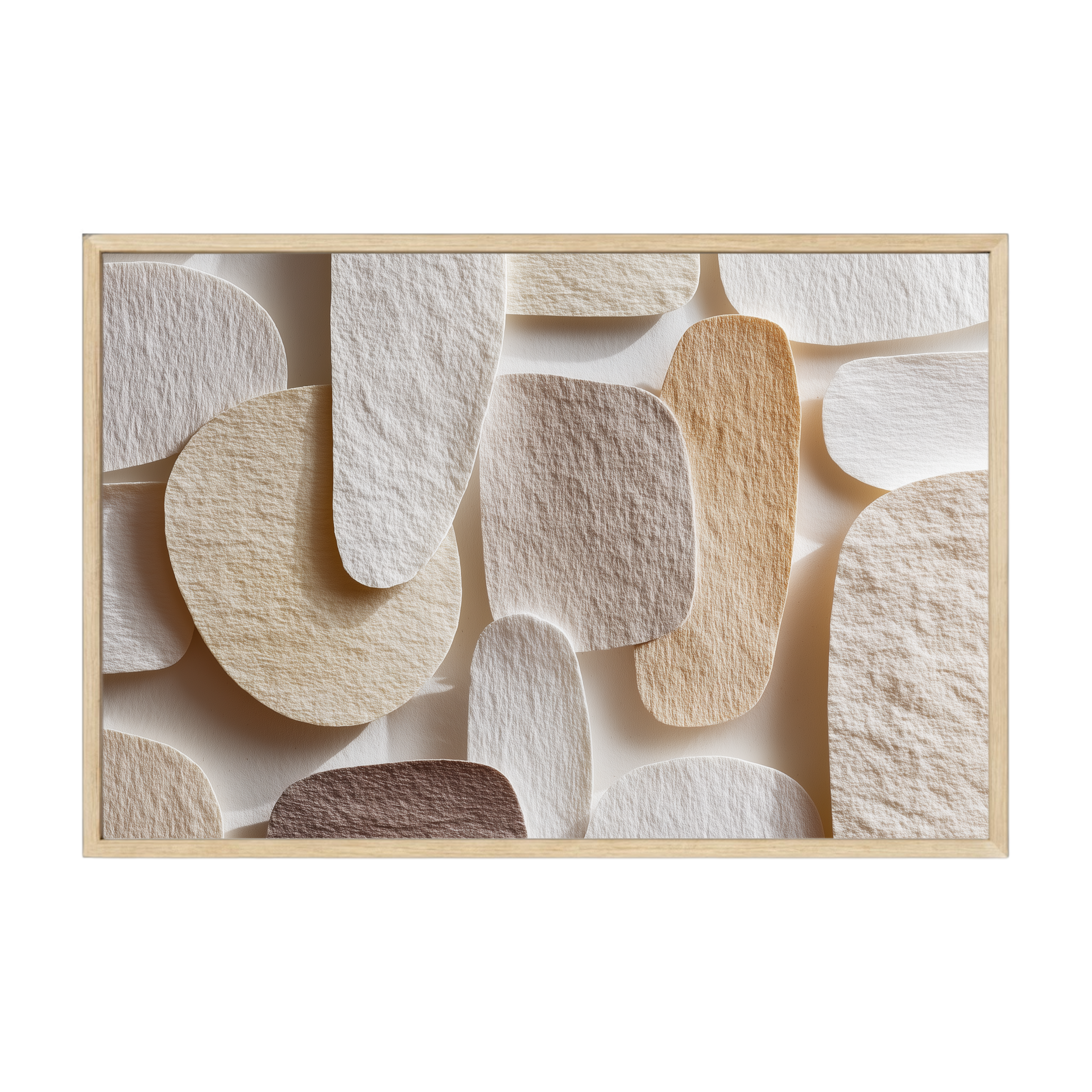 Scandi abstract art print with soft rounded shapes and warm neutral hues, cozy minimalist artwork that creates a comforting atmosphere.