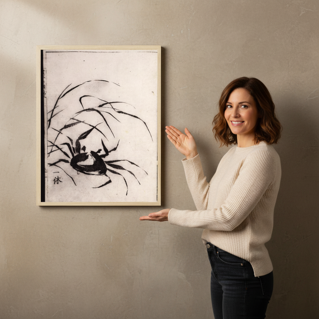 Woman standing next to a framed black and white artwork on a beige wall