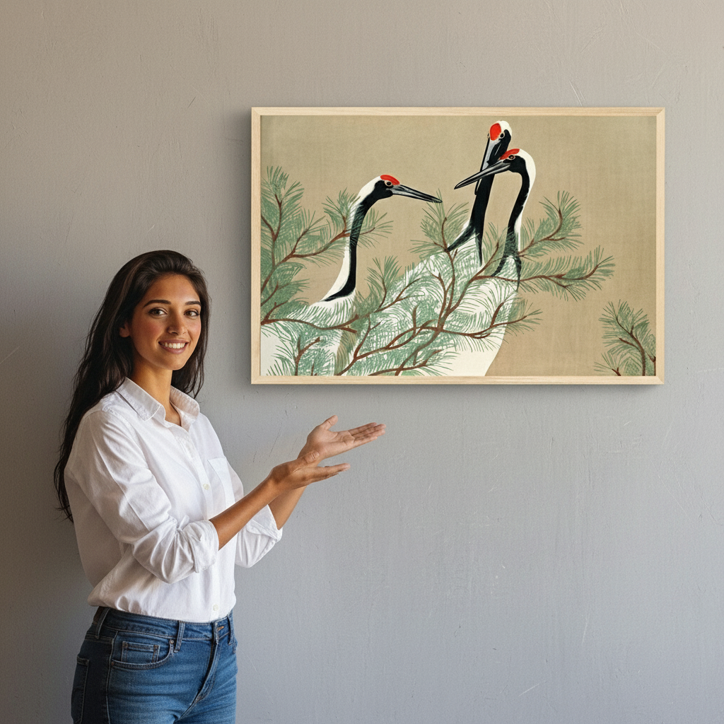 Woman standing next to a framed artwork of cranes on a branch.