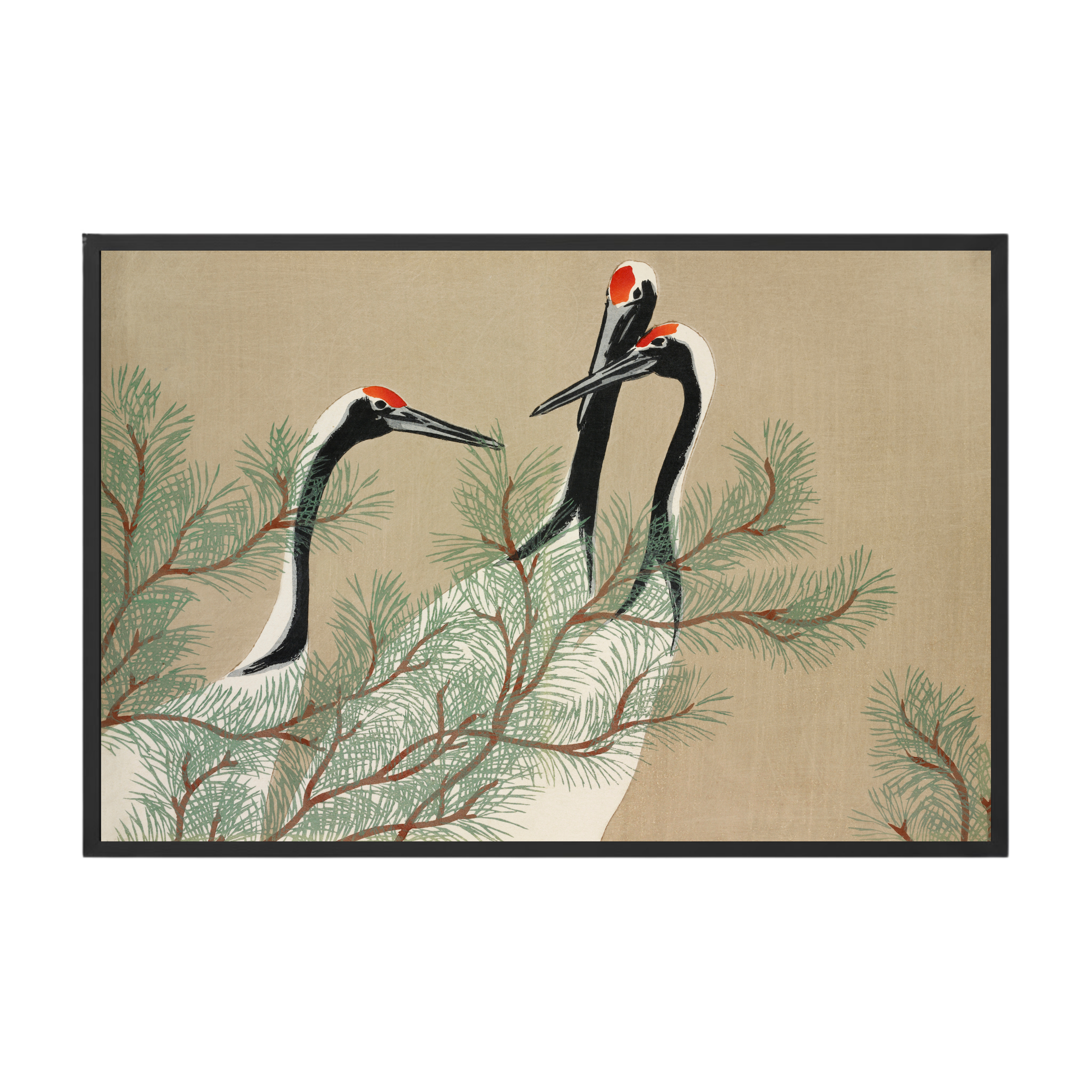 Framed artwork of cranes on a beige background
