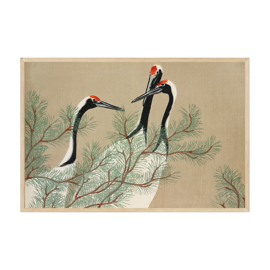 Vintage Japanese nature art print featuring elegant cranes from Momoyogusa, graceful minimalist wildlife imagery in muted tones.