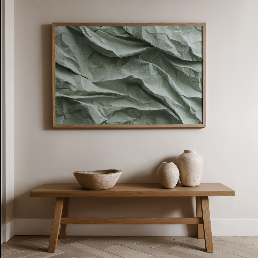 Framed green leaf print above a wooden bench with decorative vases.