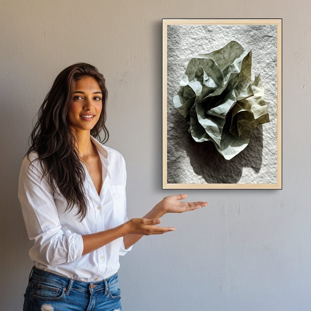 Woman standing next to a framed artwork of green leaves on a textured wall.