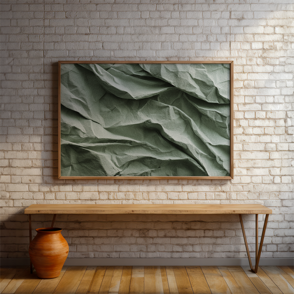 Framed artwork of green leaves on a brick wall with a wooden bench and vase.