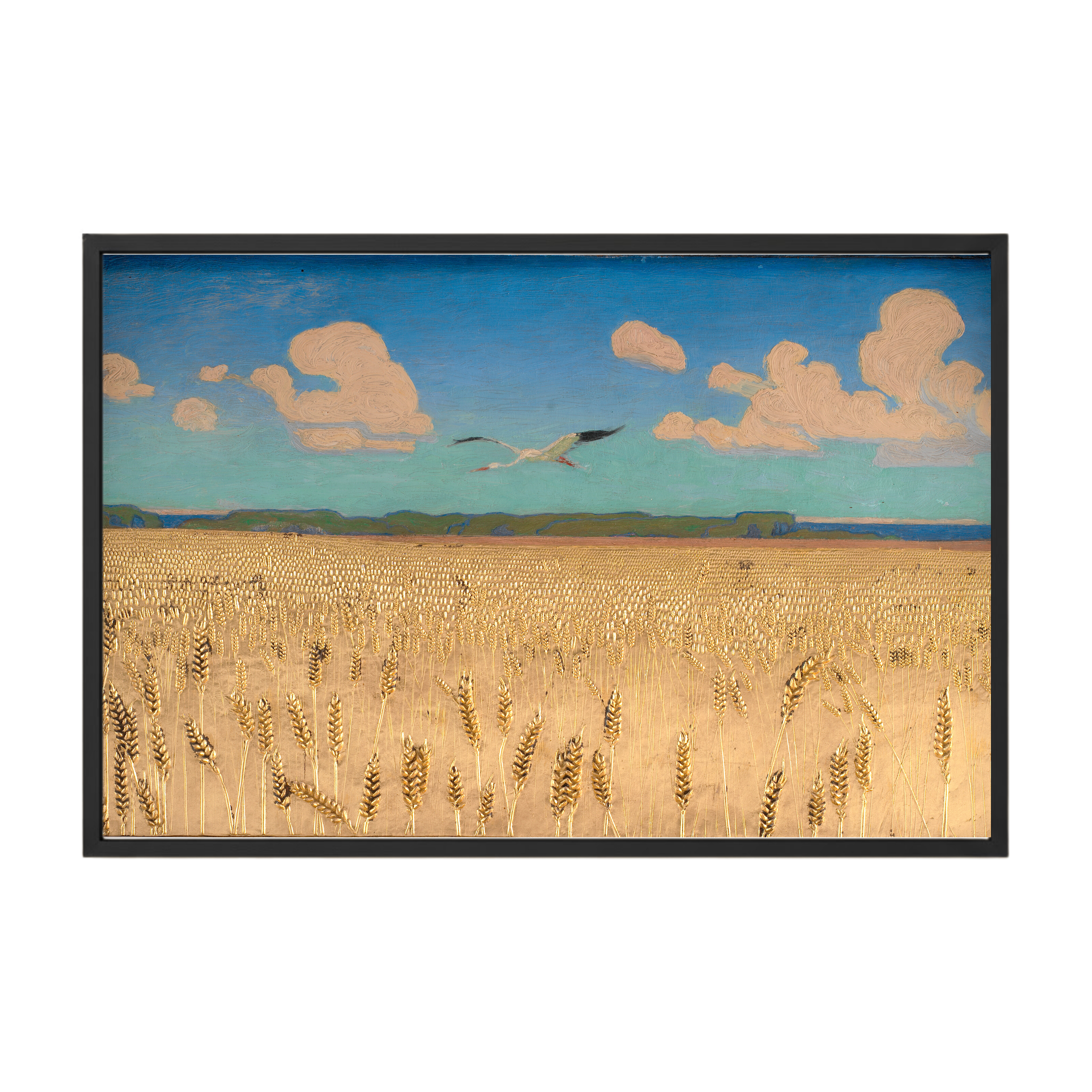 Framed artwork of a landscape with a field, sky, and bird.