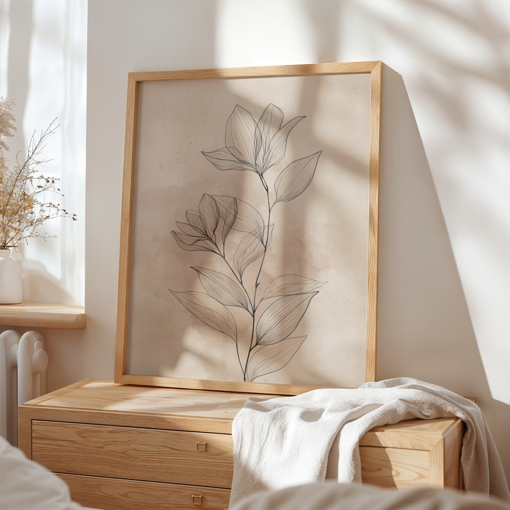 Framed botanical art on a wall in a room with natural light