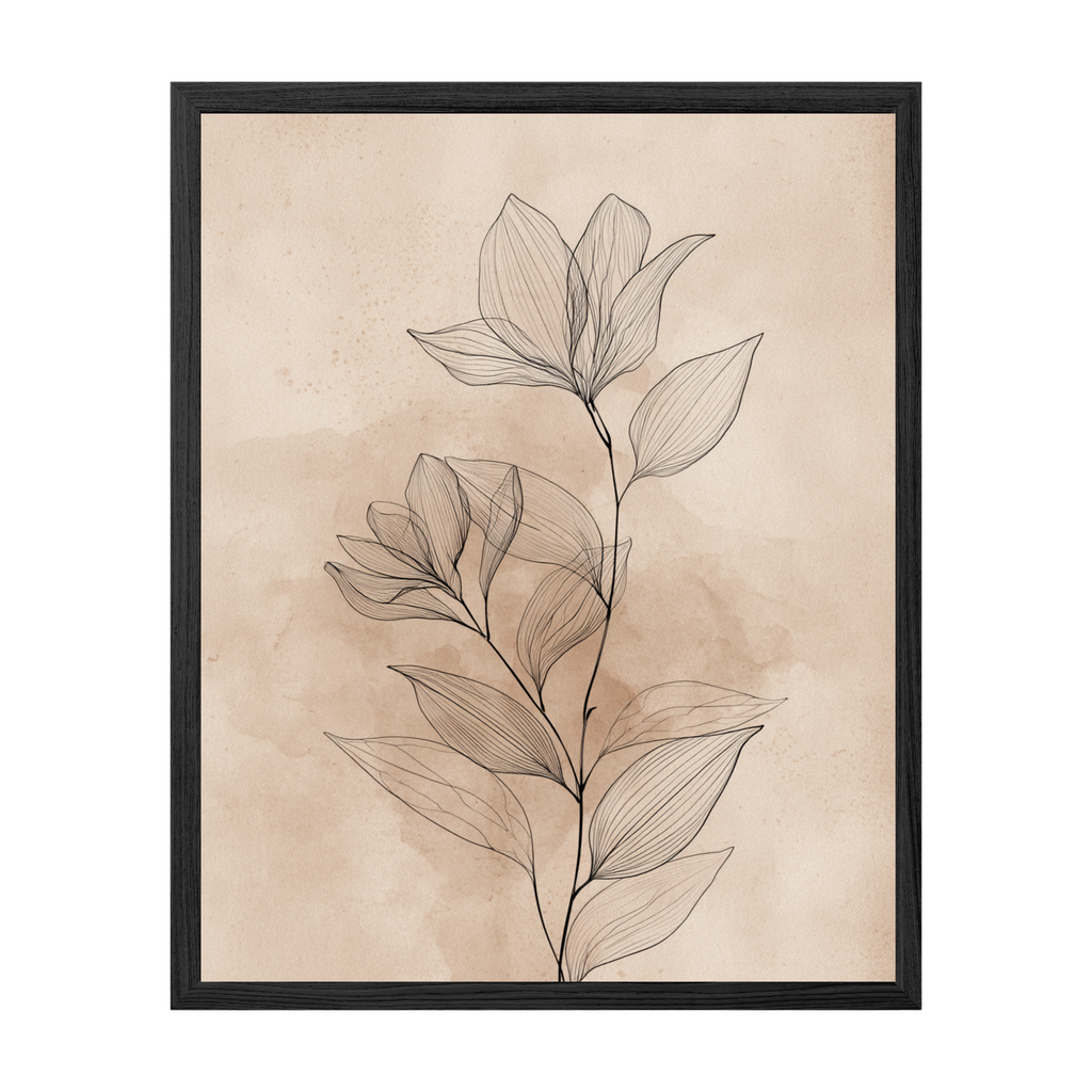 Framed botanical art print with leaf design on a beige background