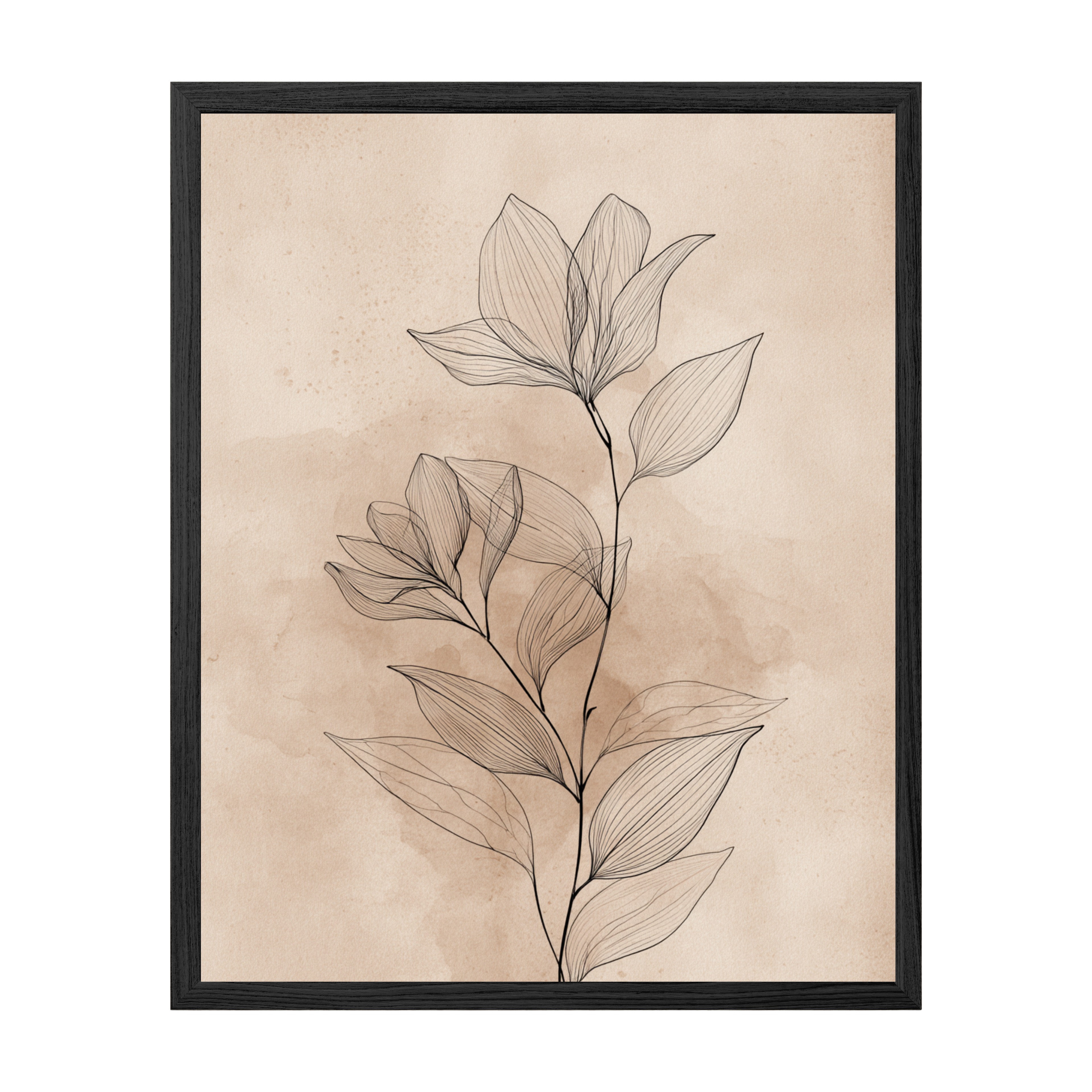 Framed botanical art print with leaf design on a beige background