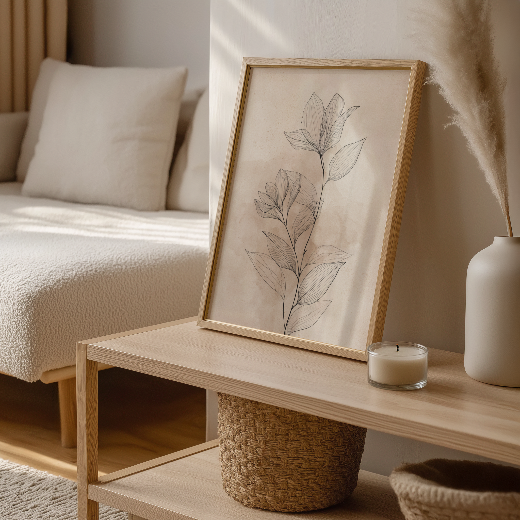 Framed artwork on a wooden coffee table with a candle and decorative items in a cozy living room.