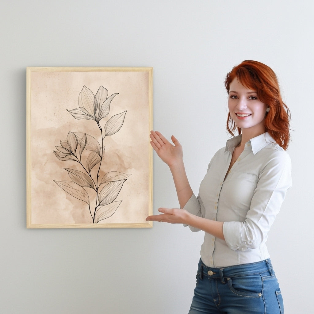 Woman standing next to a framed botanical art print on a wall