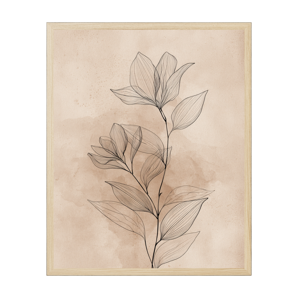 Japandi botanical line art print of delicate florals in fine minimalist strokes, elegant natural artwork for calm, airy interiors.