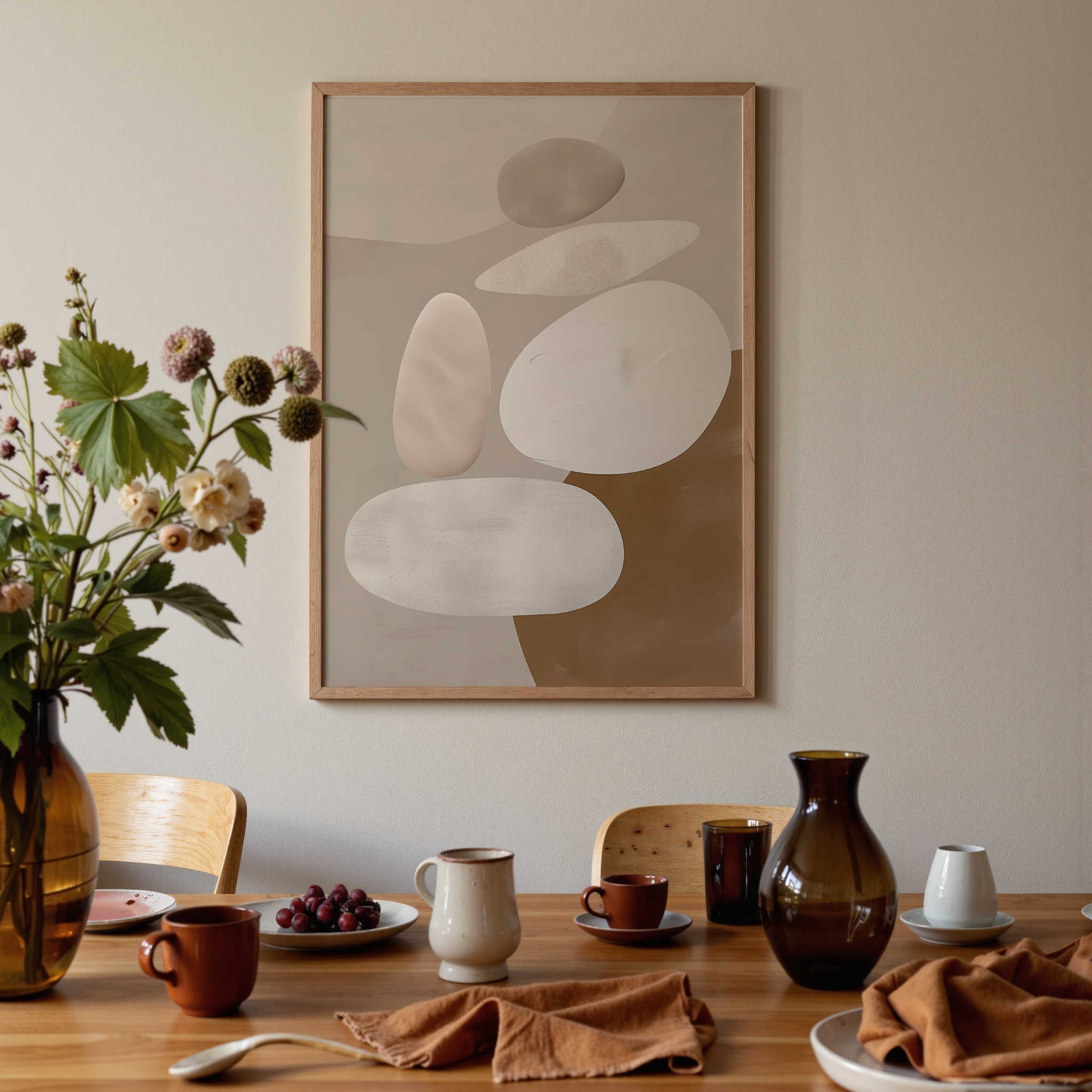 Dining room with a table set for a meal, abstract art on the wall, and decorative elements.
