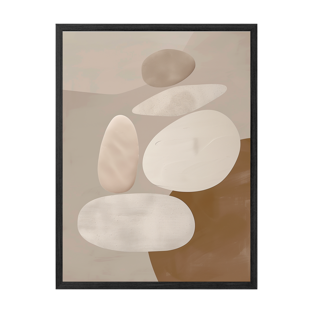 Framed abstract art with beige and brown shapes on a beige background