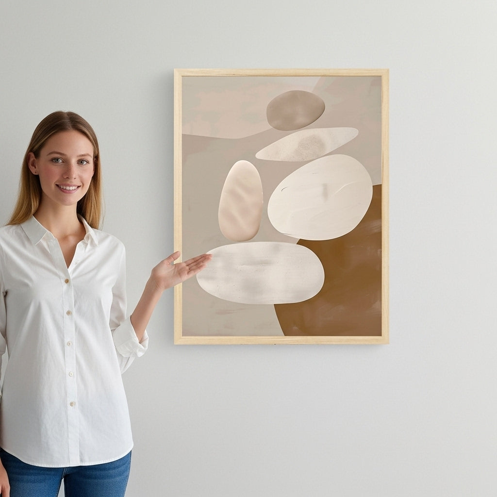 Woman pointing at a framed abstract art piece on a wall