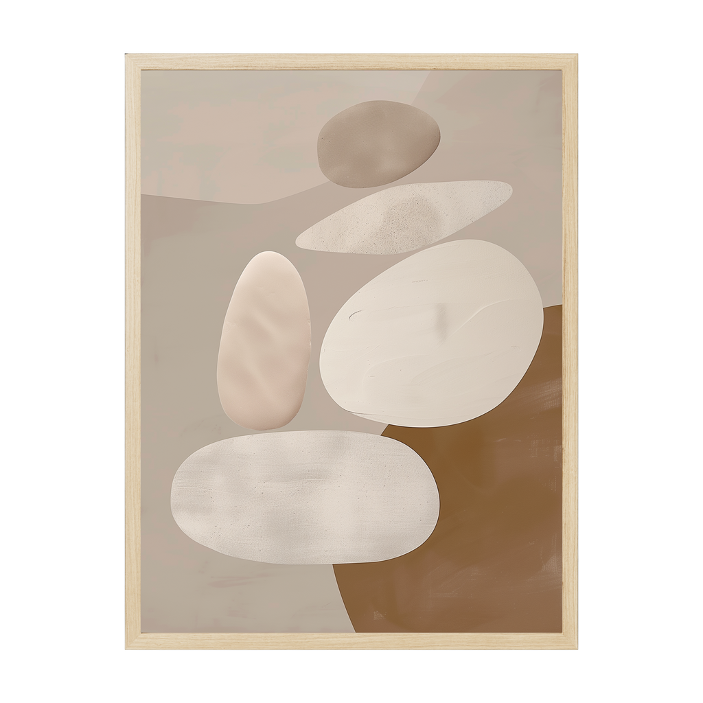 Scandi abstract art inspired by floating pebble forms in muted natural tones, minimalist calming wall art for tranquil interiors.