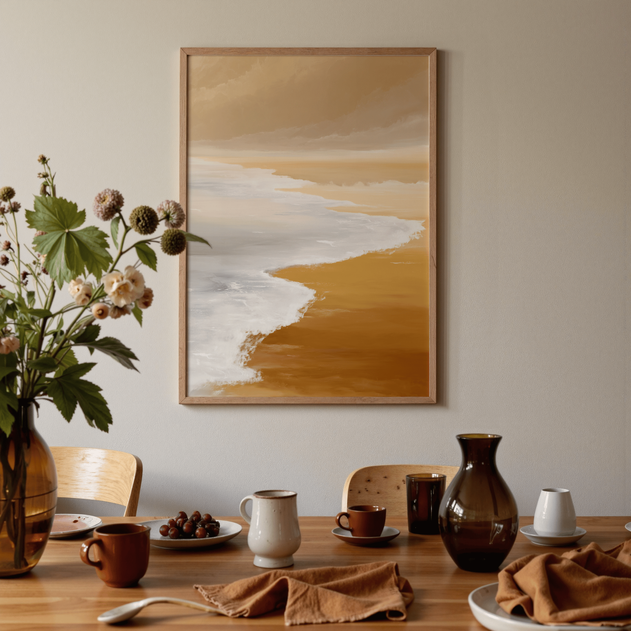 Dining room with a table set for a meal, featuring a vase of flowers, plates, cups, and a framed abstract painting on the wall.