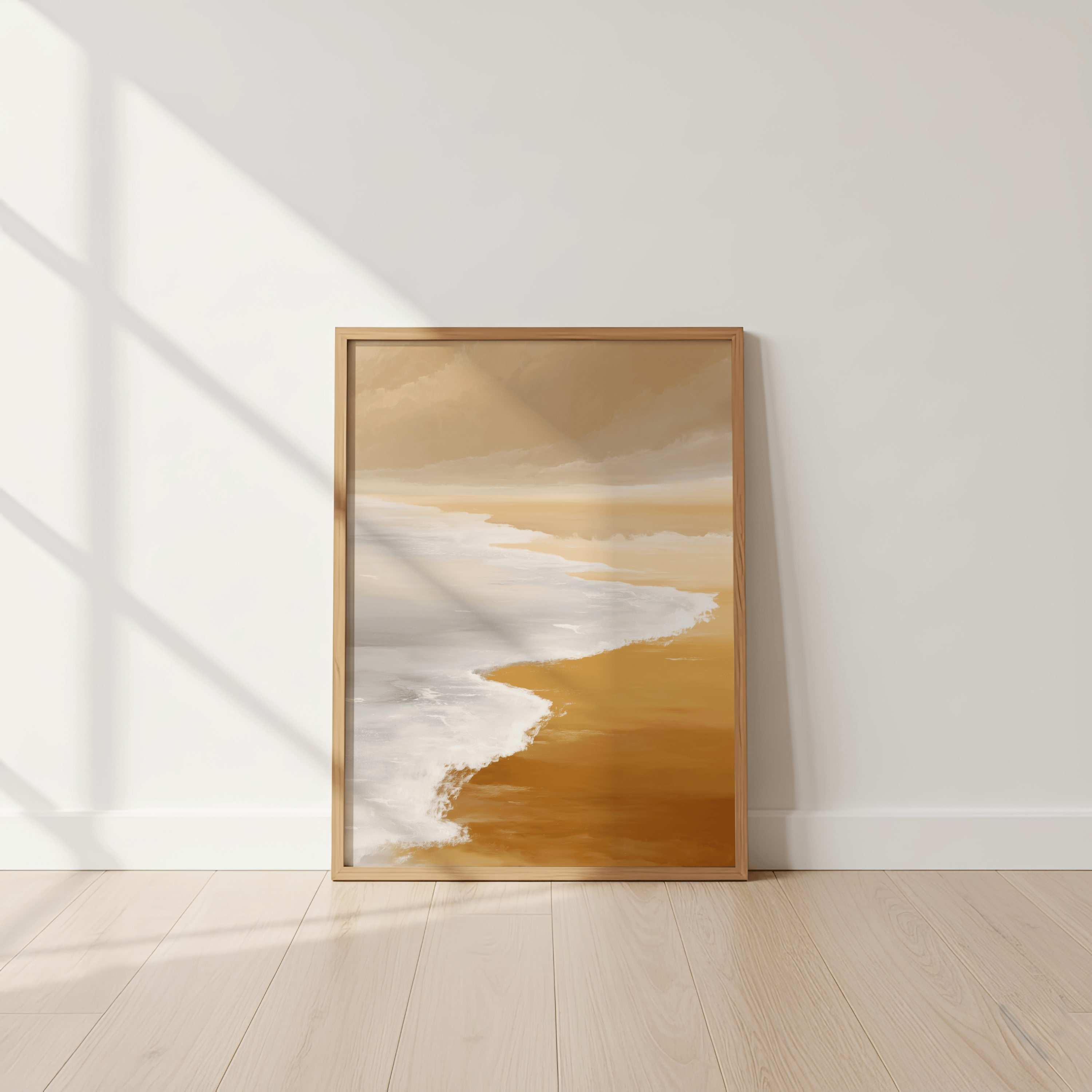 Abstract art piece in a wooden frame on a white wall