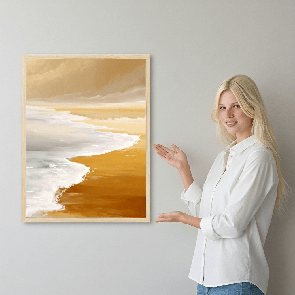 Woman pointing at a framed abstract artwork on a wall