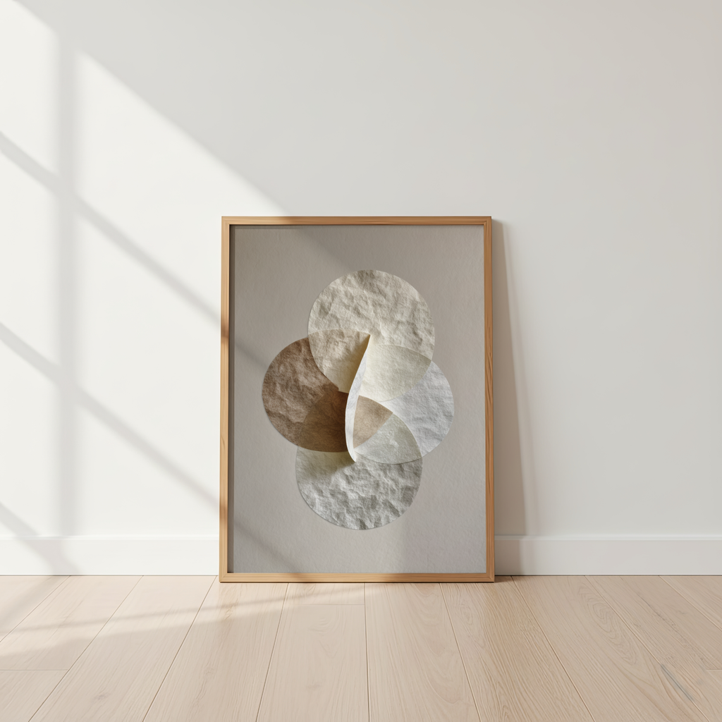 Framed abstract art print on a white wall with wooden floor
