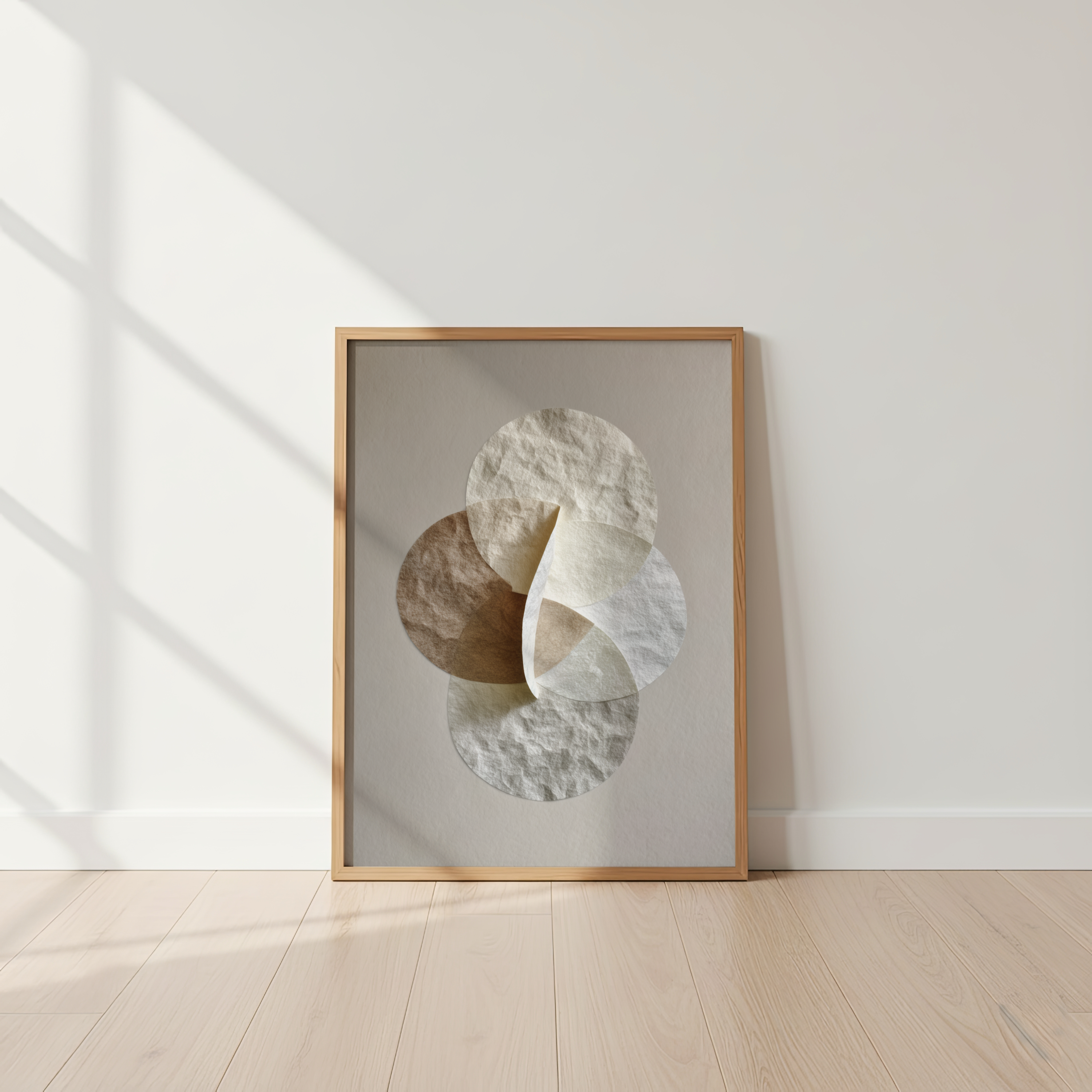 Framed abstract art print on a white wall with wooden floor